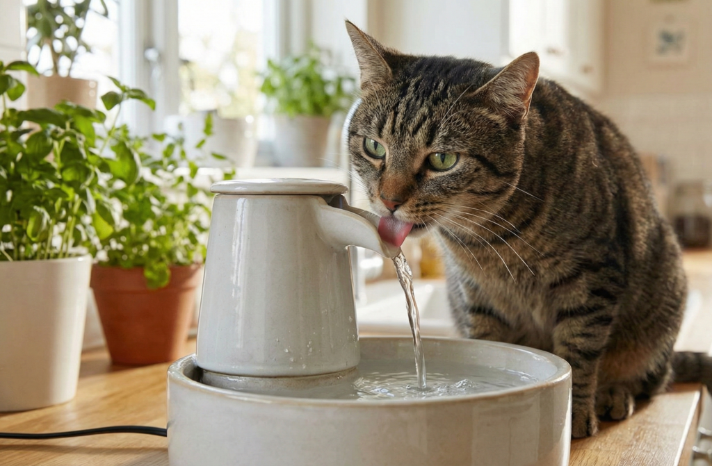 Felino tomando água em uma fonte de água corrente.