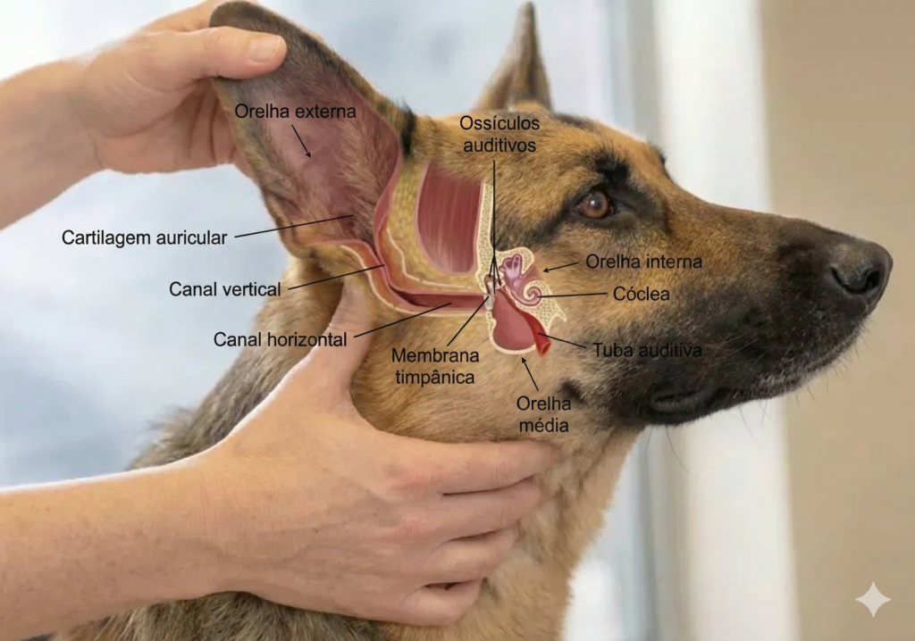 Anatomia do ouvido afetado pela otite canina