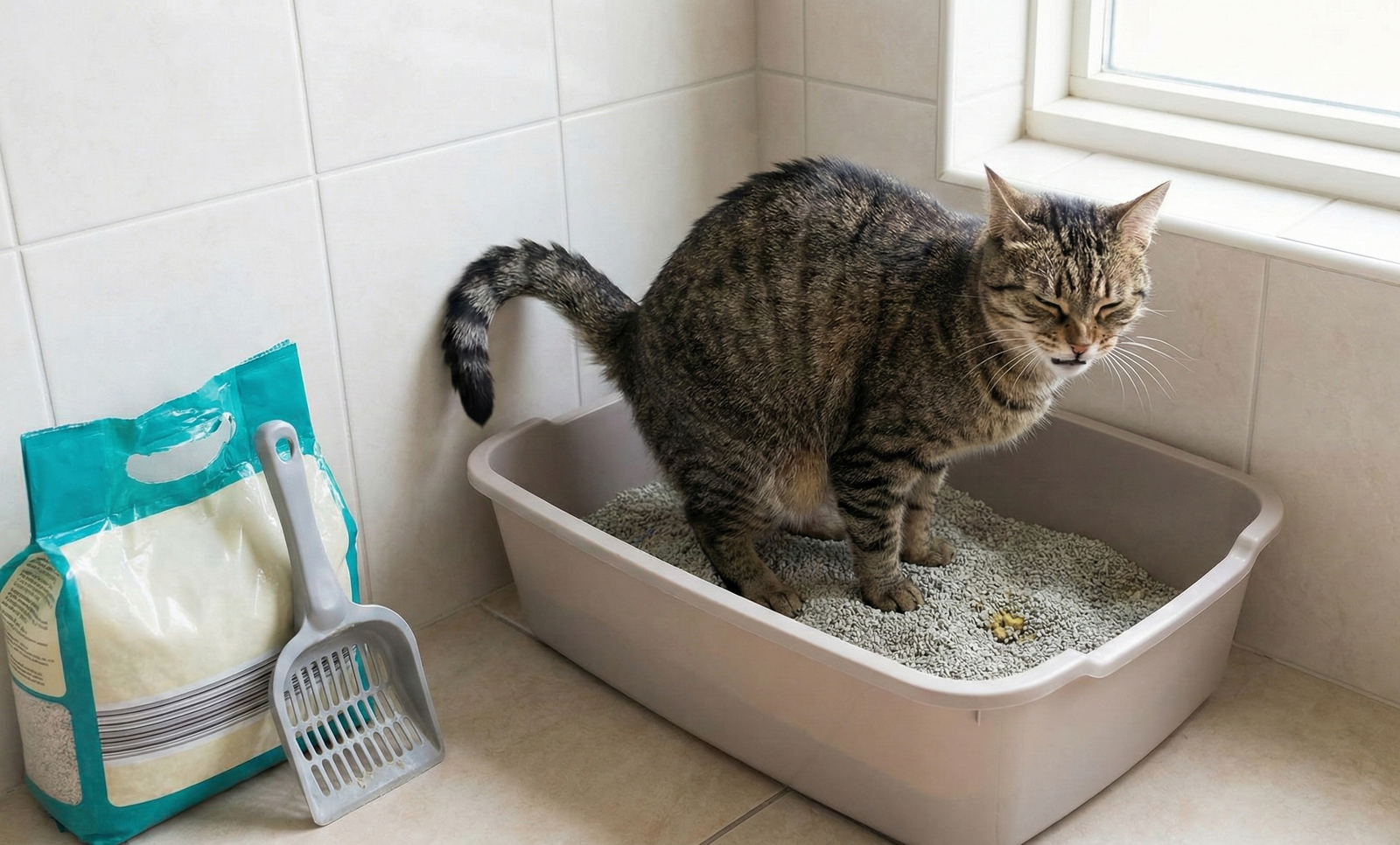 Gato dentro da caixa de areia com dificuldade para urinar, sintoma de obstrução uretral.